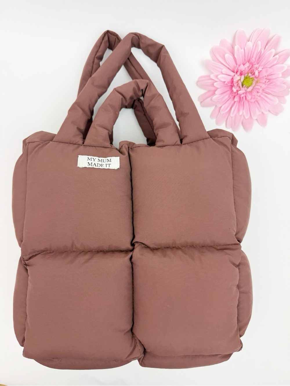 My Mum Made It Puffer Tote Bag Brown Dirt